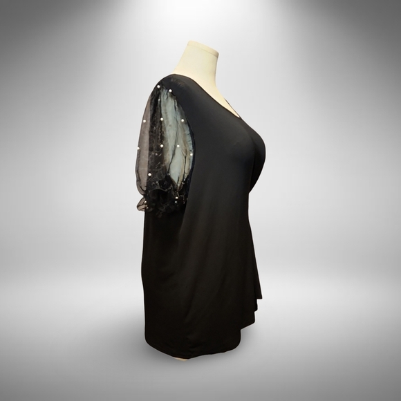 Chic Black Sheer Cap Sleeve w Pearl Accents By Luna Moon Whymsygoth Goth Bubble◯ - Picture 4 of 9